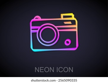 Glowing neon line Photo camera icon isolated on black background. Foto camera. Digital photography.  Vector