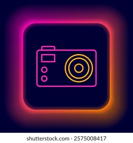 Glowing neon line Photo camera icon isolated on black background. Foto camera. Digital photography. Colorful outline concept. Vector