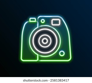 Glowing neon line Photo camera icon isolated on black background. Foto camera. Digital photography. Colorful outline concept. Vector