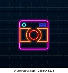 Glowing neon line Photo camera icon isolated on black background. Photo camera. Digital photography. Vector.