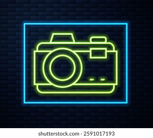 Glowing neon line Photo camera icon isolated on brick wall background. Foto camera. Digital photography.  Vector