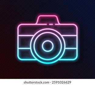 Glowing neon line Photo camera icon isolated on black background. Foto camera icon.  Vector Illustration