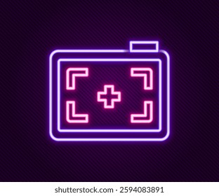 Glowing neon line Photo camera icon isolated on black background. Foto camera. Digital photography. Colorful outline concept. Vector