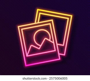 Glowing neon line Photo frame icon isolated on black background. Vintage empty photos frame.  Vector