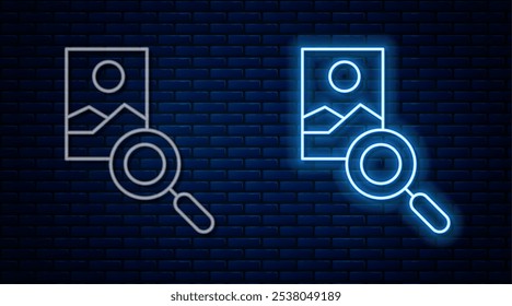 Icono de retoque fotográfico de línea de neón brillante aislado en el fondo de la pared de ladrillo. Fotógrafo, Fotografía, icono de retoque.  Vector