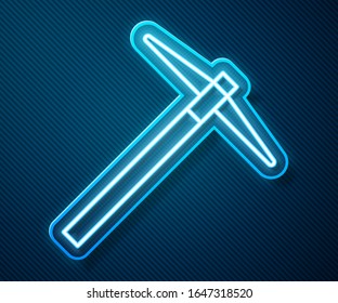 Glowing neon line Pickaxe icon isolated on blue background.  Vector Illustration