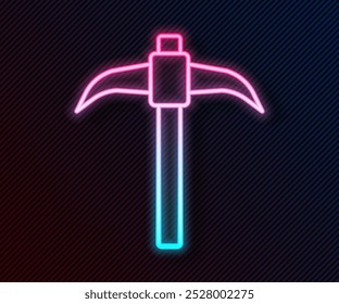 Glowing neon line Pickaxe icon isolated on black background.  Vector