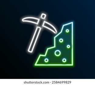 Glowing neon line Pickaxe icon isolated on black background. Colorful outline concept. Vector