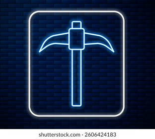 Glowing neon line Pickaxe icon isolated on brick wall background.  Vector