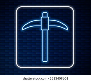 Glowing neon line Pickaxe icon isolated on brick wall background.  Vector