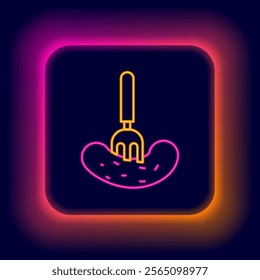 Glowing neon line Pickled cucumber on a fork icon isolated on black background. Colorful outline concept. Vector