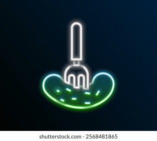 Glowing neon line Pickled cucumber on a fork icon isolated on black background. Colorful outline concept. Vector