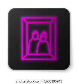 Glowing neon line Picture frame on table icon isolated on white background. Valentines Day symbol. Black square button. Vector Illustration