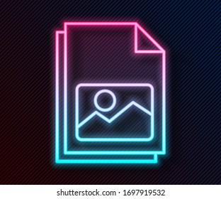 Glowing neon line Picture landscape icon isolated on black background.  Vector Illustration
