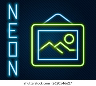 Glowing neon line Picture landscape icon isolated on black background. Colorful outline concept. Vector