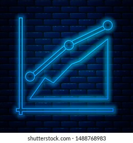 Glowing neon line Pie chart infographic icon isolated on brick wall background. Diagram chart sign.  Vector Illustration