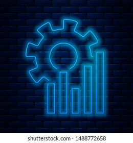 Glowing neon line Pie chart infographic icon isolated on brick wall background. Diagram chart sign.   Vector Illustration