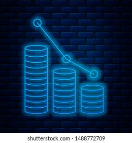 Glowing neon line Pie chart infographic and coin icon isolated on brick wall background. Diagram chart sign.   Vector Illustration