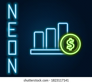 Icono de la gráfica circular de neón brillante y símbolo del dólar aislado en el fondo negro. Signo de diagrama de diagrama. Concepto de esquema colorido. Ilustración vectorial