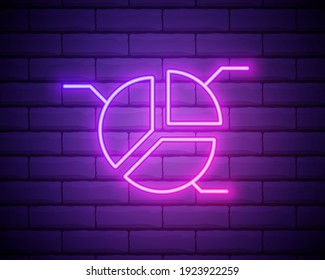 Glowing neon line Pie chart infographic icon isolated on brick wall background. Diagram chart sign. Vector Illustration. svg