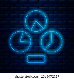 Glowing neon line Pie chart infographic icon isolated on brick wall background. Diagram chart sign.  Vector