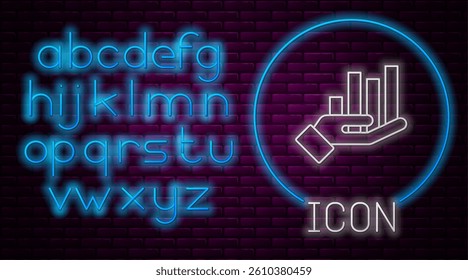 Glowing neon line Pie chart infographic icon isolated on brick wall background. Diagram chart sign. Neon light alphabet. Vector Illustration