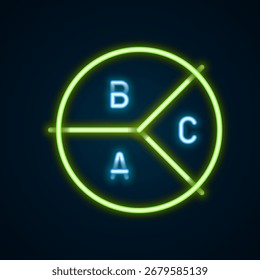 Glowing neon line Pie chart infographic icon isolated on black background. Diagram chart sign. Colorful outline concept. Vector