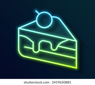 Glowing neon line Piece of cake icon isolated on black background. Happy Birthday.  Vector