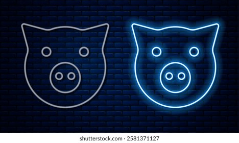 Glowing neon line Pig icon isolated on brick wall background. Animal symbol.  Vector