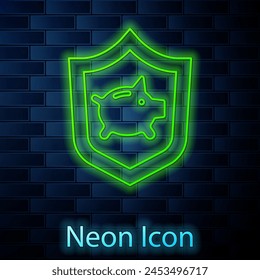 Glowing neon line Piggy bank with shield icon isolated on brick wall background. Saving or accumulation of money, investment. Insurance concept.  Vector