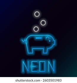 Glowing neon line Piggy bank with coin icon isolated on black background. Icon saving or accumulation of money, investment. Colorful outline concept. Vector
