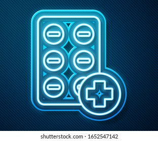 Glowing neon line Pills in blister pack icon isolated on blue background. Medical drug package for tablet, vitamin, antibiotic, aspirin.  Vector Illustration