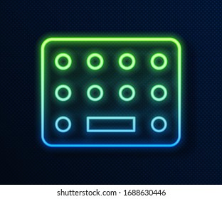 Glowing neon line Pills in blister pack icon isolated on blue background. Medical drug package for tablet, vitamin, antibiotic, aspirin.  Vector Illustration