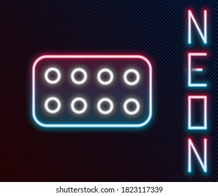 Glowing neon line Pills in blister pack icon isolated on black background. Medical drug package for tablet, vitamin, antibiotic, aspirin. Colorful outline concept. Vector Illustration