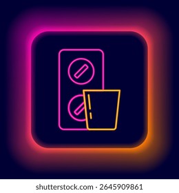 Glowing neon line Pills in blister pack icon isolated on black background. Medical drug package for tablet, vitamin, antibiotic, aspirin. Colorful outline concept. Vector
