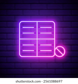 Glowing neon line Pills icon isolated on brick wall background. Medical drug package for tablet vitamin, antibiotic, aspirin. Vector Illustration