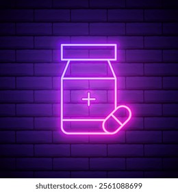 Glowing neon line Pills icon isolated on brick wall background. Medical drug package for tablet vitamin, antibiotic, aspirin. Vector Illustration