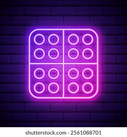 Glowing neon line Pills icon isolated on brick wall background. Medical drug package for tablet vitamin, antibiotic, aspirin. Vector Illustration