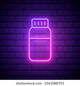 Glowing neon line Pills icon isolated on brick wall background. Medical drug package for tablet vitamin, antibiotic, aspirin. Vector Illustration