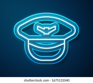 Glowing neon line Pilot hat icon isolated on blue background.  Vector Illustration