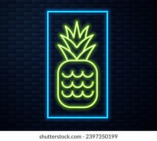 Glowing neon line Pineapple tropical fruit icon isolated on brick wall background.  Vector