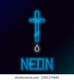 Glowing neon line Pipette icon isolated on black background. Element of medical, chemistry lab equipment. Pipette with drop. Medicine symbol. Colorful outline concept. Vector