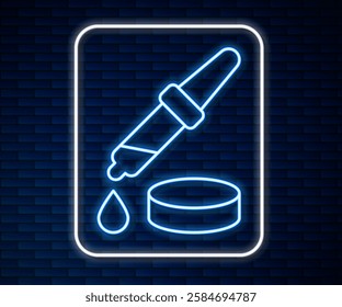 Glowing neon line Pipette icon isolated on brick wall background. Element of medical, chemistry lab equipment. Pipette with drop. Medicine symbol.  Vector