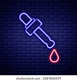 Glowing neon line Pipette with oil icon isolated on brick wall background. Organic aromatherapy essence. Skin care serum glass drop package. Colorful outline concept. Vector