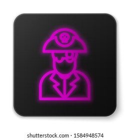 Glowing neon line Pirate captain icon isolated on white background. Black square button. Vector Illustration