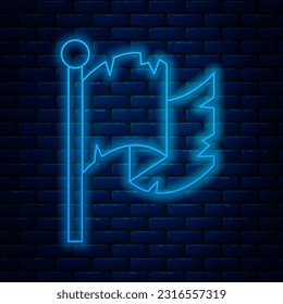 Glowing neon line Pirate flag icon isolated on brick wall background.  Vector