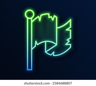 Glowing neon line Pirate flag icon isolated on blue background.  Vector