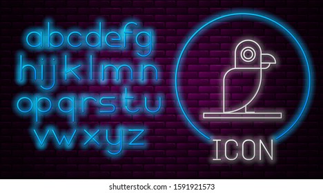 Glowing neon line Pirate parrot icon isolated on brick wall background. Neon light alphabet. Vector Illustration