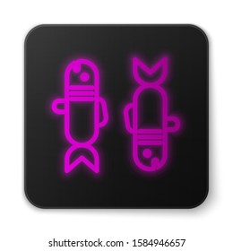 Glowing neon line Pisces zodiac sign icon isolated on white background. Astrological horoscope collection. Black square button. Vector Illustration