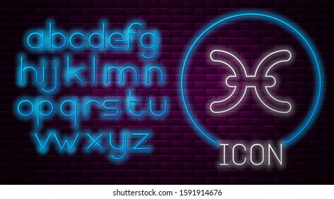 Glowing neon line Pisces zodiac sign icon isolated on brick wall background. Astrological horoscope collection. Neon light alphabet. Vector Illustration